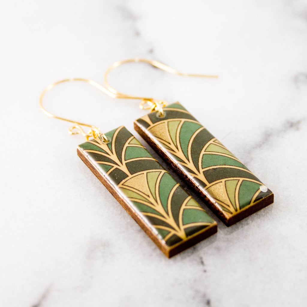 No Man's Land - Green + Gold Deco Fan Rectangle Earrings