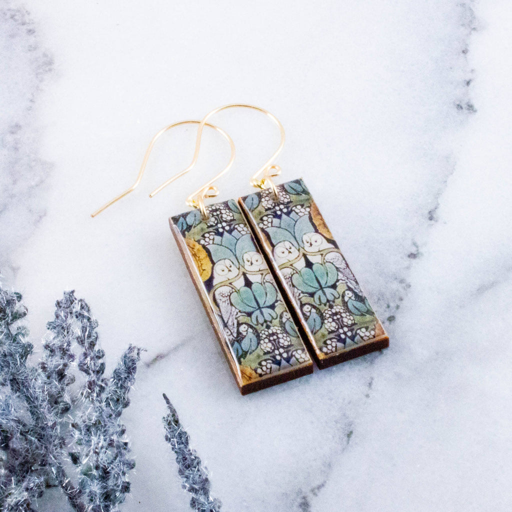 No Man's Land - Art Nouveau Owl Rectangle Earrings