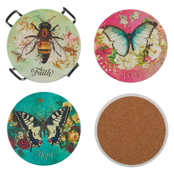 Christian Art Gifts - Ceramic Coasters 4/Set Butterflies/Bee