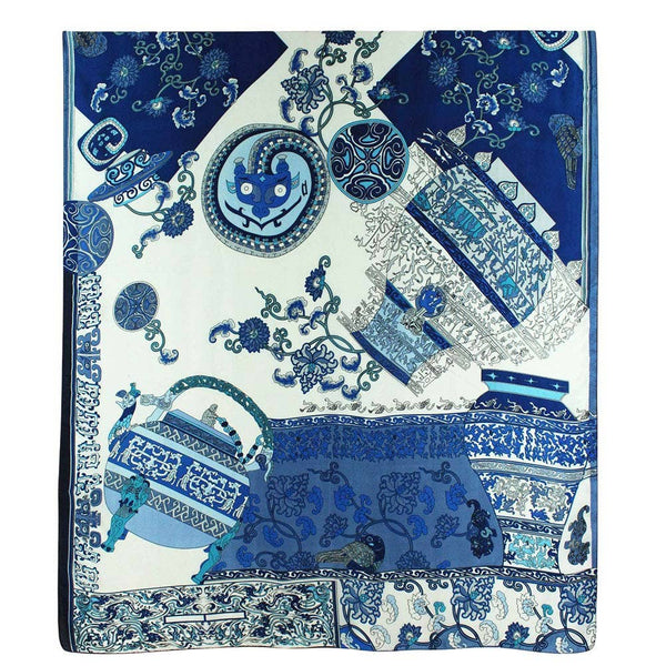 Sensibling Corp. - Elegant Porcelain Inspired Pattern Printed Oblong Silky Satin Scarf Shawl