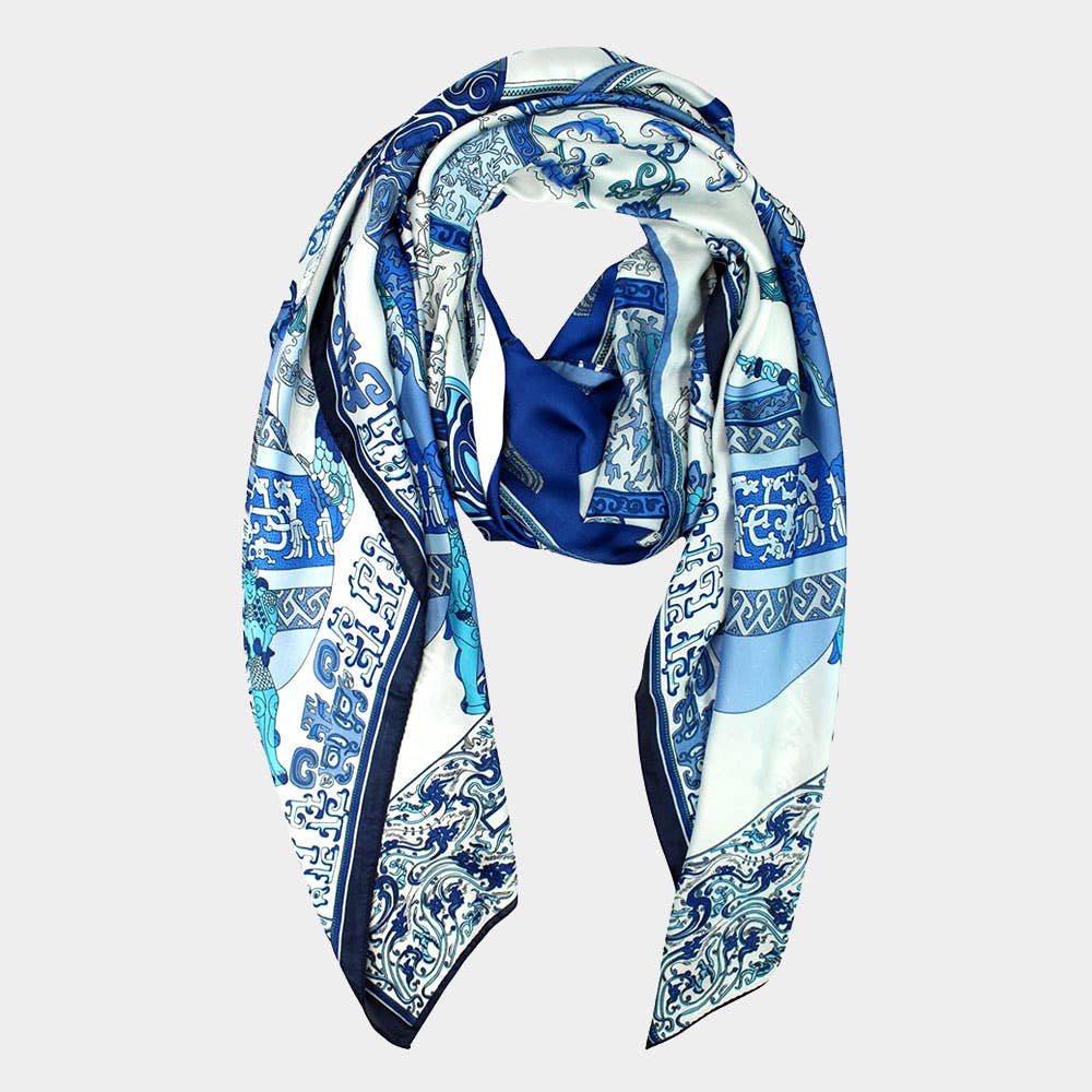 Sensibling Corp. - Elegant Porcelain Inspired Pattern Printed Oblong Silky Satin Scarf Shawl