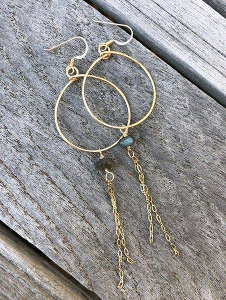 Quinn Sharp Jewelry Designs - Gold Circle Hoops with Gemstone Rondelle and Chain
