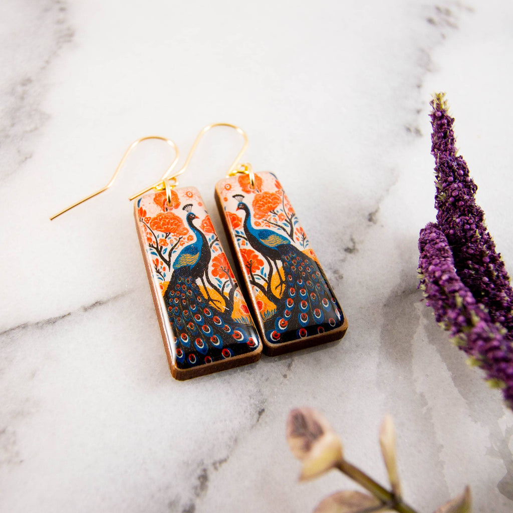 No Man's Land - Retro Peacock Garden Tapered Rectangle Earrings