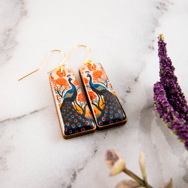 No Man's Land - Retro Peacock Garden Tapered Rectangle Earrings