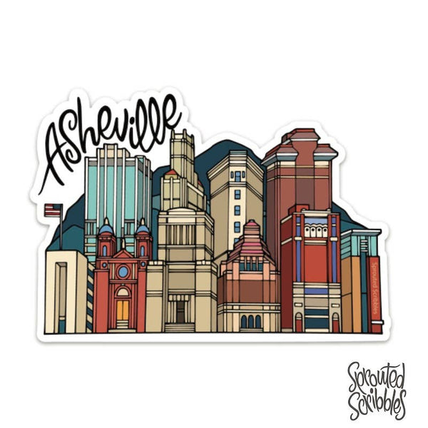 Sprouted Scribbles - Asheville Sticker | City Buildings | Waterproof Vinyl Decal: VEHICLE SIZED