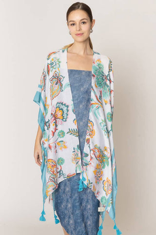 Hana - Floral Print Stripe Edge Tassel Summer Kimono