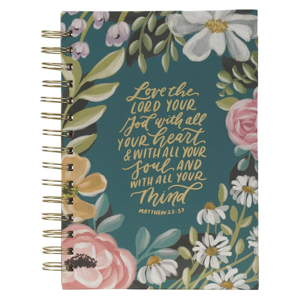 Christian Art Gifts - Journal Wirebound Teal Floral Love the Lord Matt. 22:37