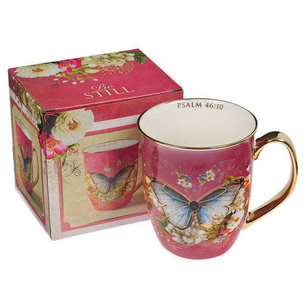 Christian Art Gifts - Mug Pink/White Butterfly Be Still Ps. 46:10