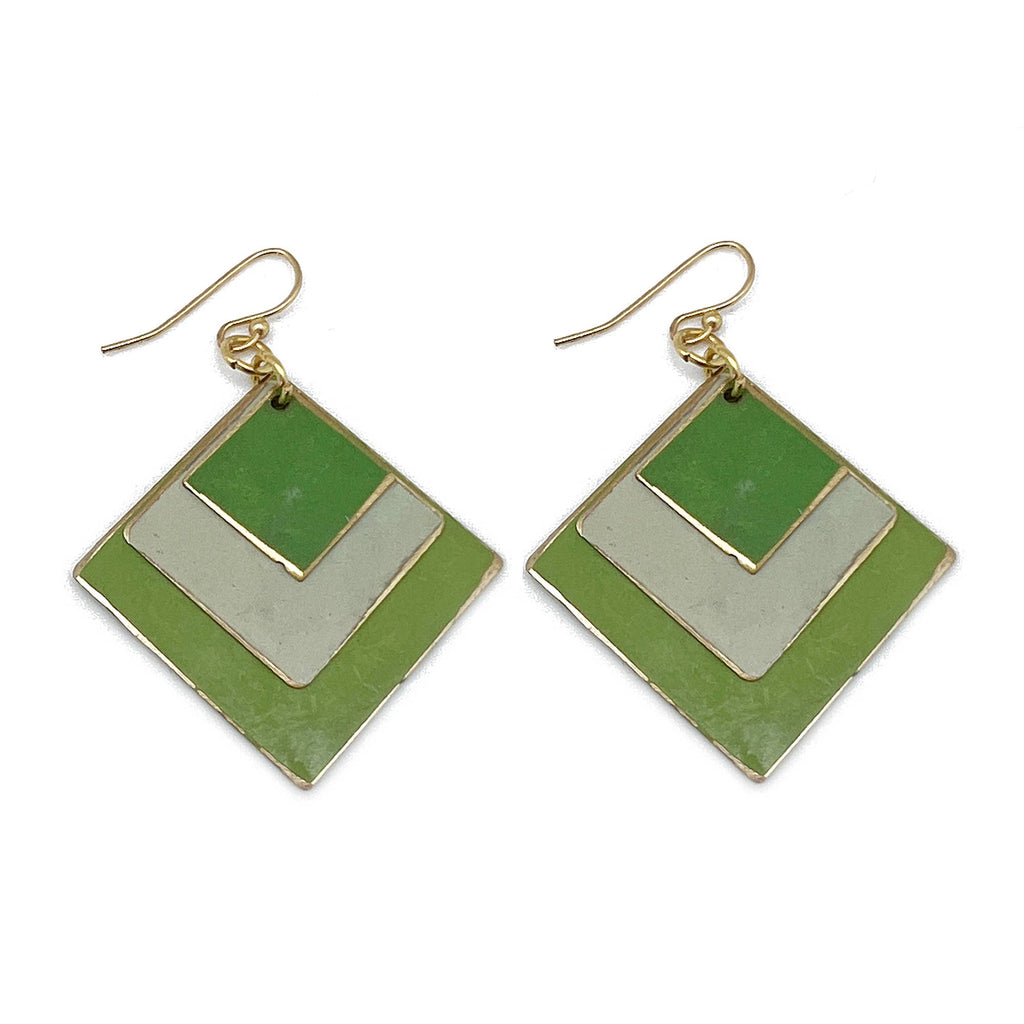Anju Jewelry - Brass Patina Earrings -  Green Meadow Layered Diamonds