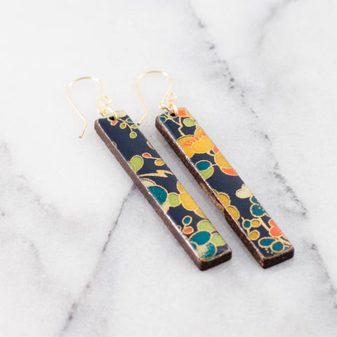 No Man's Land - Navy + Gold Floral Bar Earrings