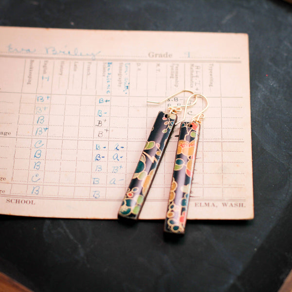 No Man's Land - Navy + Gold Floral Bar Earrings