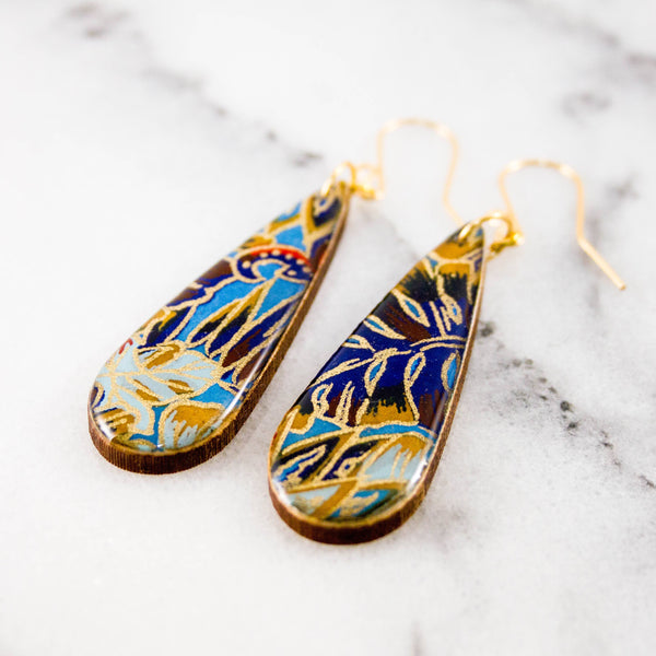No Man's Land - Blue + Red Tropical Leaf Teardrop Earrings