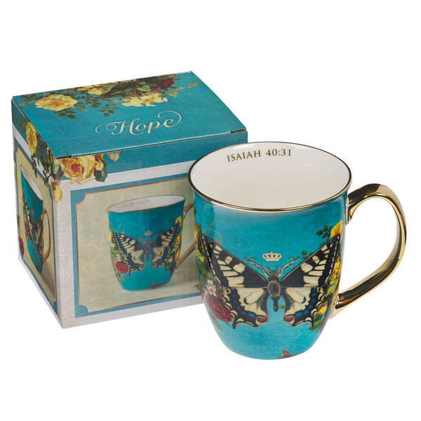 Christian Art Gifts - Mug Teal/White Butterfly Hope Isa. 40:31