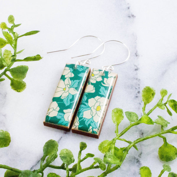 No Man's Land - Teal Dogwood Blossom Rectangle Earrings