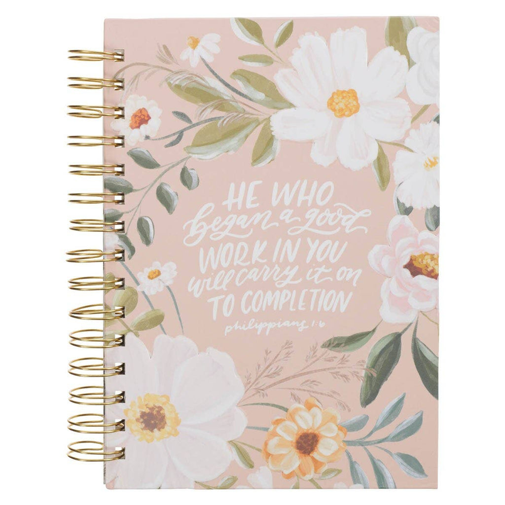 Christian Art Gifts - Journal Wirebound Beige Floral Good Work in You Phil. 1:6