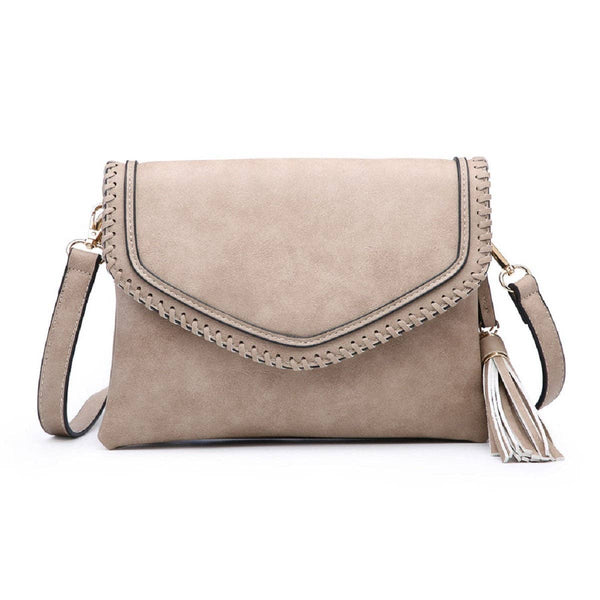 MiMi Wholesale - M1802A Flapover Crossbody w/ Whipstitch & Double Tassel: Rust