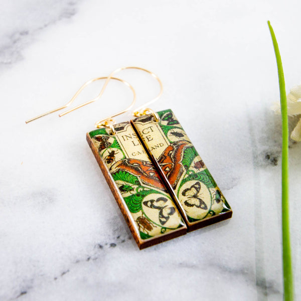 No Man's Land - Vintage Book Cover Insect Life Moth Rectangle Earrings