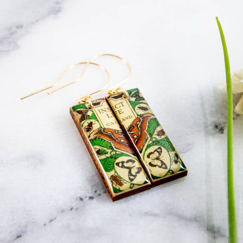 No Man's Land - Vintage Book Cover Insect Life Moth Rectangle Earrings
