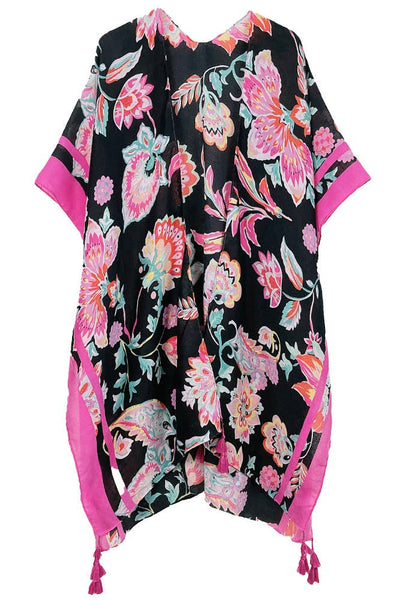 Hana - Floral Print Stripe Edge Tassel Summer Kimono