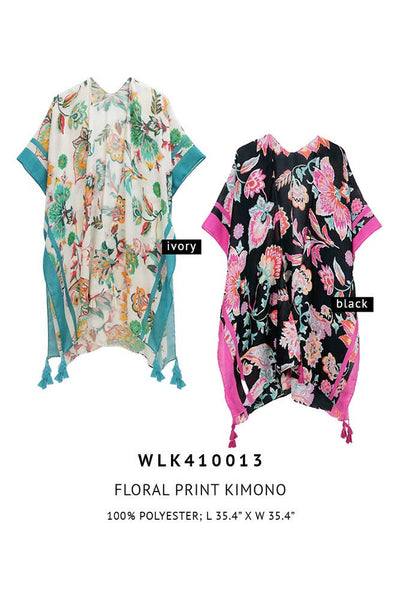 Hana - Floral Print Stripe Edge Tassel Summer Kimono
