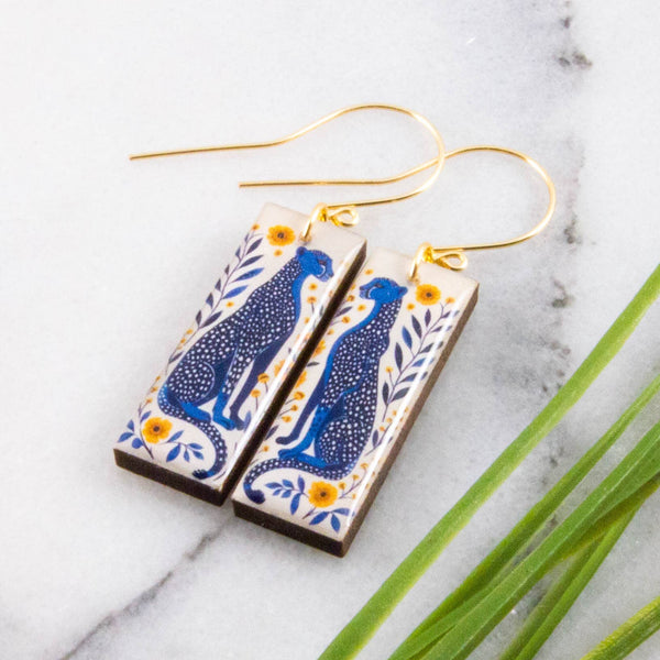 No Man's Land - Blue Boho Leopard Rectangle Earrings