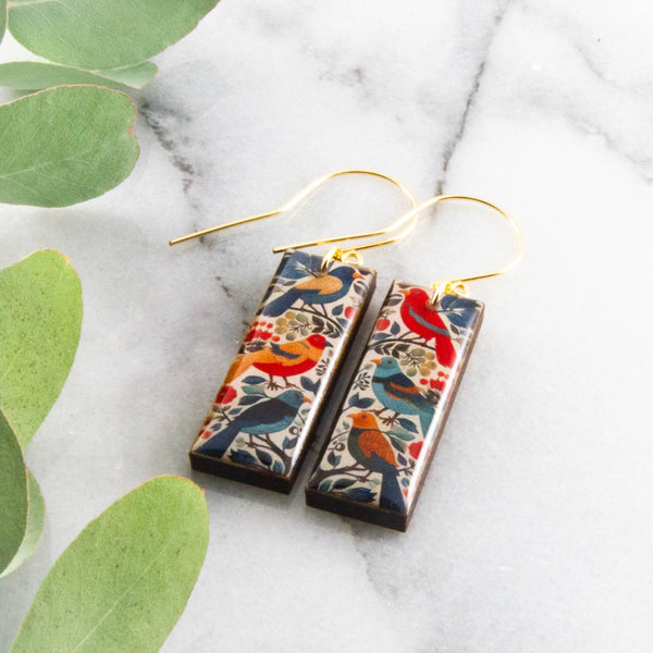 No Man's Land - Scandi Autumn Birds Rectangle Earrings