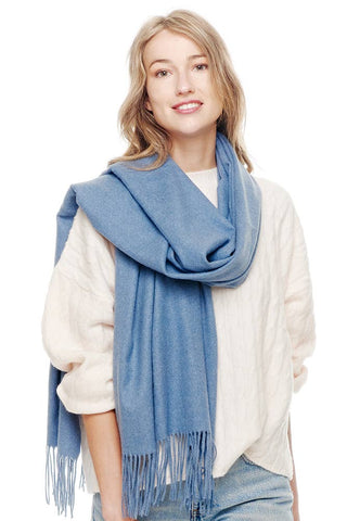 Hana - Soft Cashmere Solid Color Fringes Scarf: Heather Denim