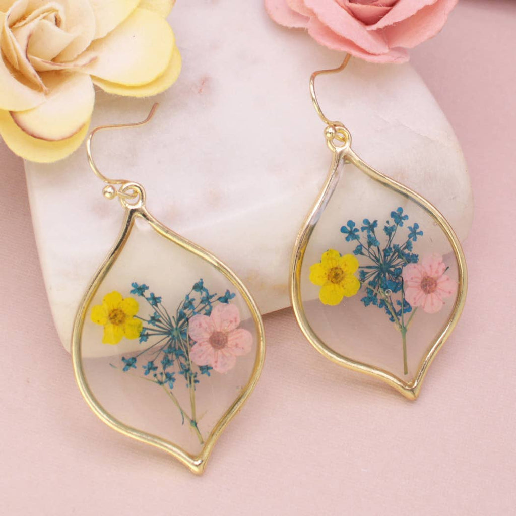 ZAD - Yellow Pink Dried Flower Gold Marquise Earrings