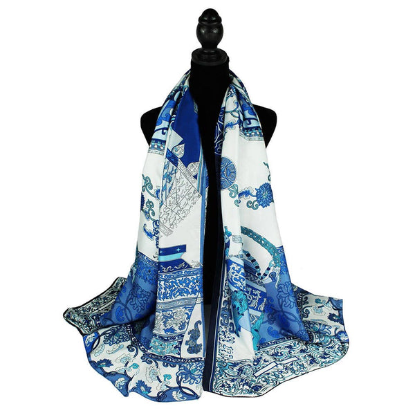Sensibling Corp. - Elegant Porcelain Inspired Pattern Printed Oblong Silky Satin Scarf Shawl
