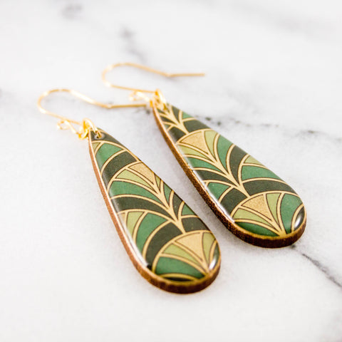 No Man's Land - Green + Gold Deco Fan Teardrop Earrings