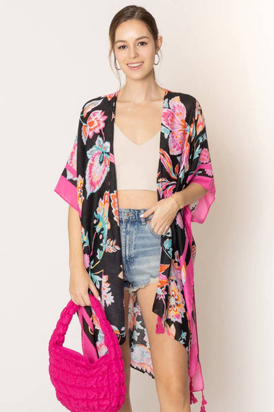 Hana - Floral Print Stripe Edge Tassel Summer Kimono