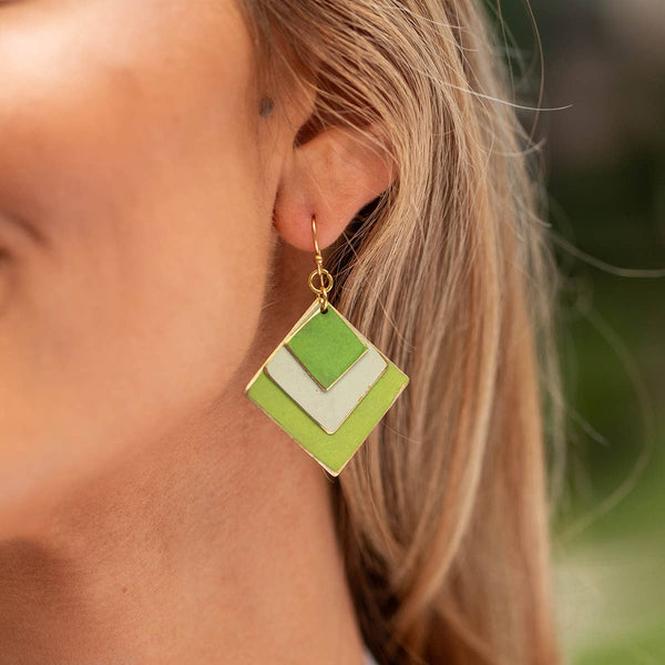 Anju Jewelry - Brass Patina Earrings -  Green Meadow Layered Diamonds