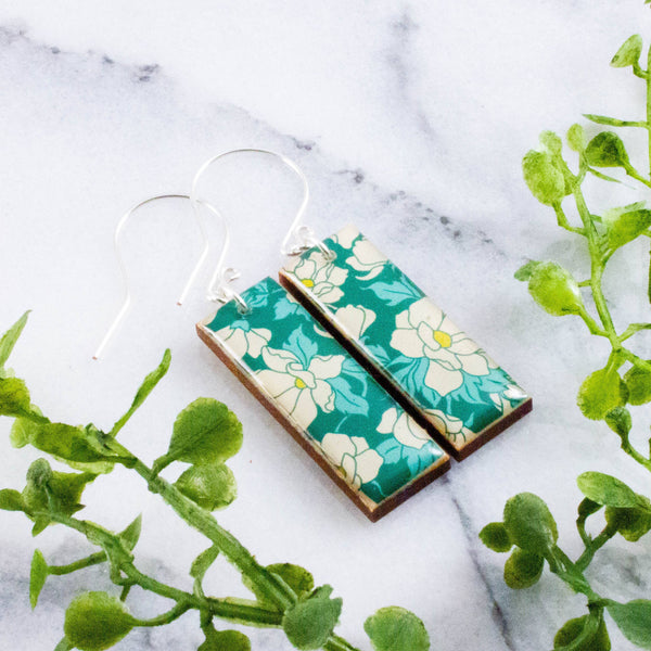 No Man's Land - Teal Dogwood Blossom Rectangle Earrings