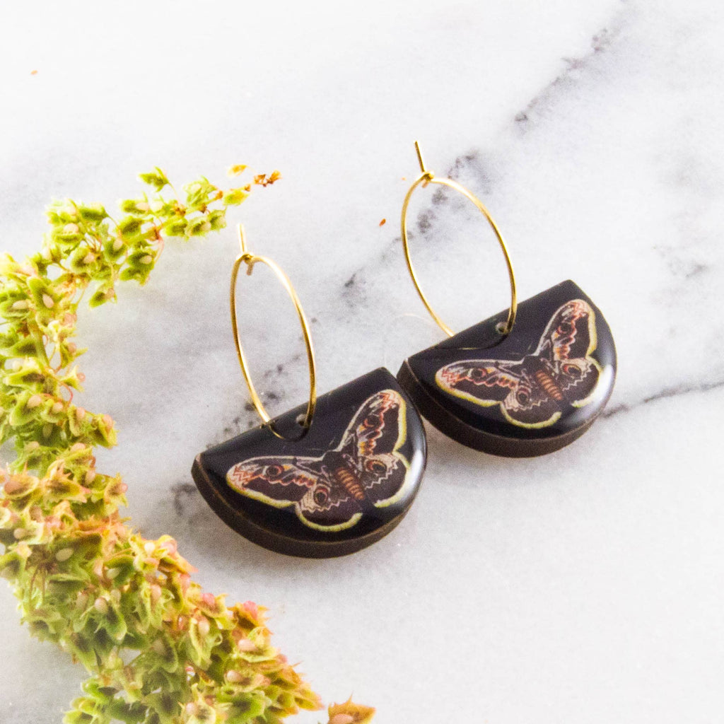 No Man's Land - Peacock Moth Drop Hoop Earrings