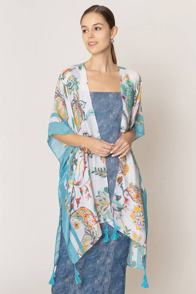 Hana - Floral Print Stripe Edge Tassel Summer Kimono