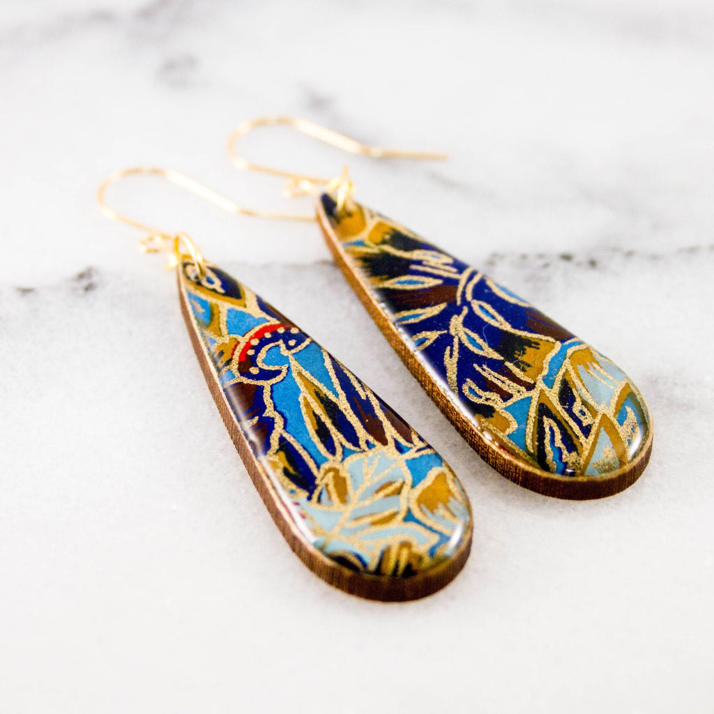 No Man's Land - Blue + Red Tropical Leaf Teardrop Earrings