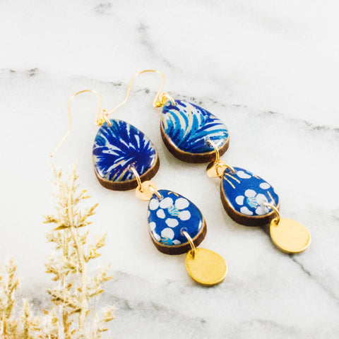 No Man's Land - Triple Long Raindrop Earrings- Royal Blue + Gold