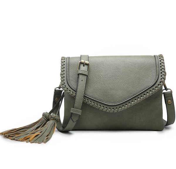 MiMi Wholesale - M1802A Flapover Crossbody w/ Whipstitch & Double Tassel: Black