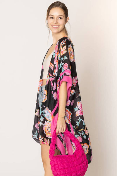 Hana - Floral Print Stripe Edge Tassel Summer Kimono