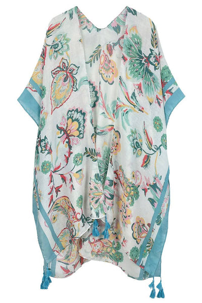 Hana - Floral Print Stripe Edge Tassel Summer Kimono