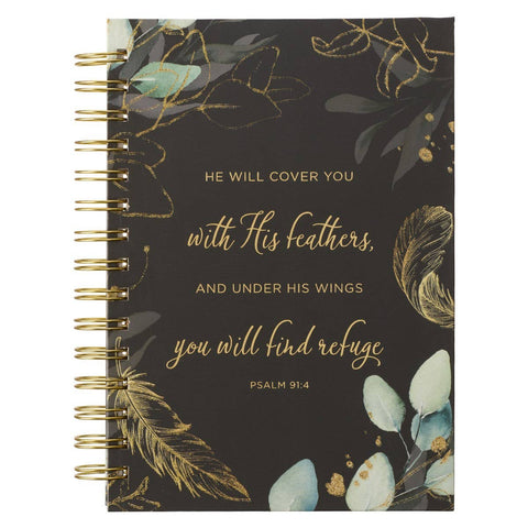 Christian Art Gifts - Journal Wirebound Black Feathers He Will Cover You Ps. 91:4