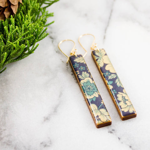 No Man's Land - Blue + Cream Vintage Floral Bar Earrings
