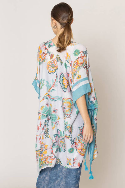 Hana - Floral Print Stripe Edge Tassel Summer Kimono