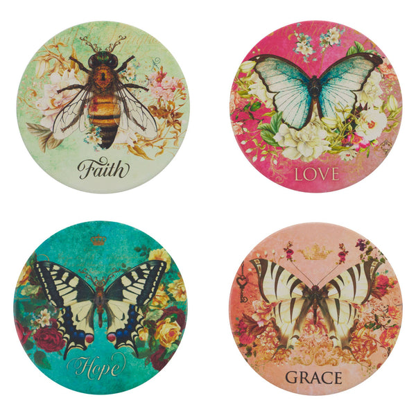 Christian Art Gifts - Ceramic Coasters 4/Set Butterflies/Bee