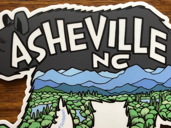 Sprouted Scribbles - Asheville Sticker | Bear with Mountains | Waterproof Vinyl