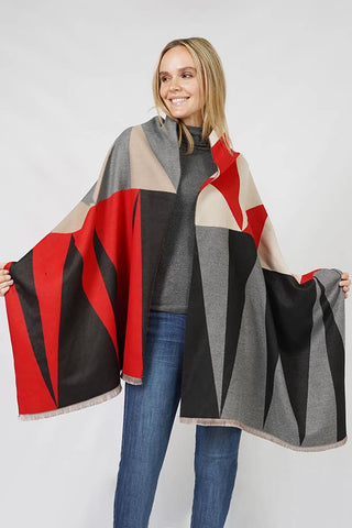 Hana - Geometric Pattern Pashmina Winter Scarf: Black/Red