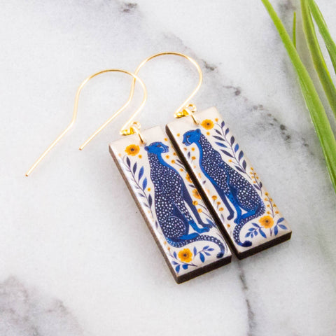 No Man's Land - Blue Boho Leopard Rectangle Earrings