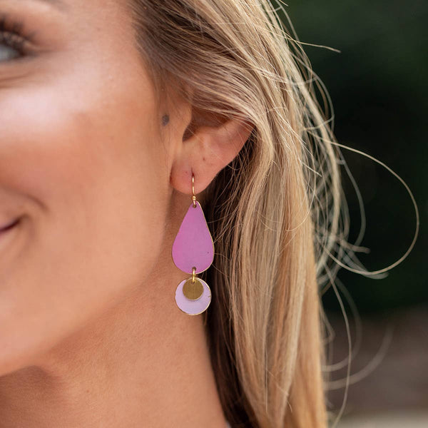 Anju Jewelry - Brass Patina Earrings - Pink and Lilac Two Tiered Dangle