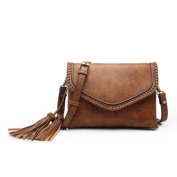 MiMi Wholesale - M1802A Flapover Crossbody w/ Whipstitch & Double Tassel: Rust