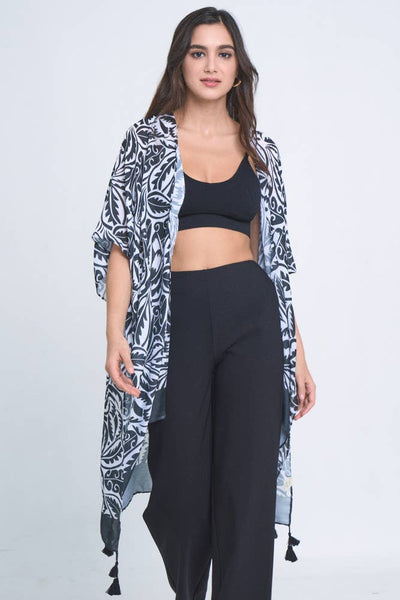 Hana - Floral Paisley Border Print Tassel Summer Kimono